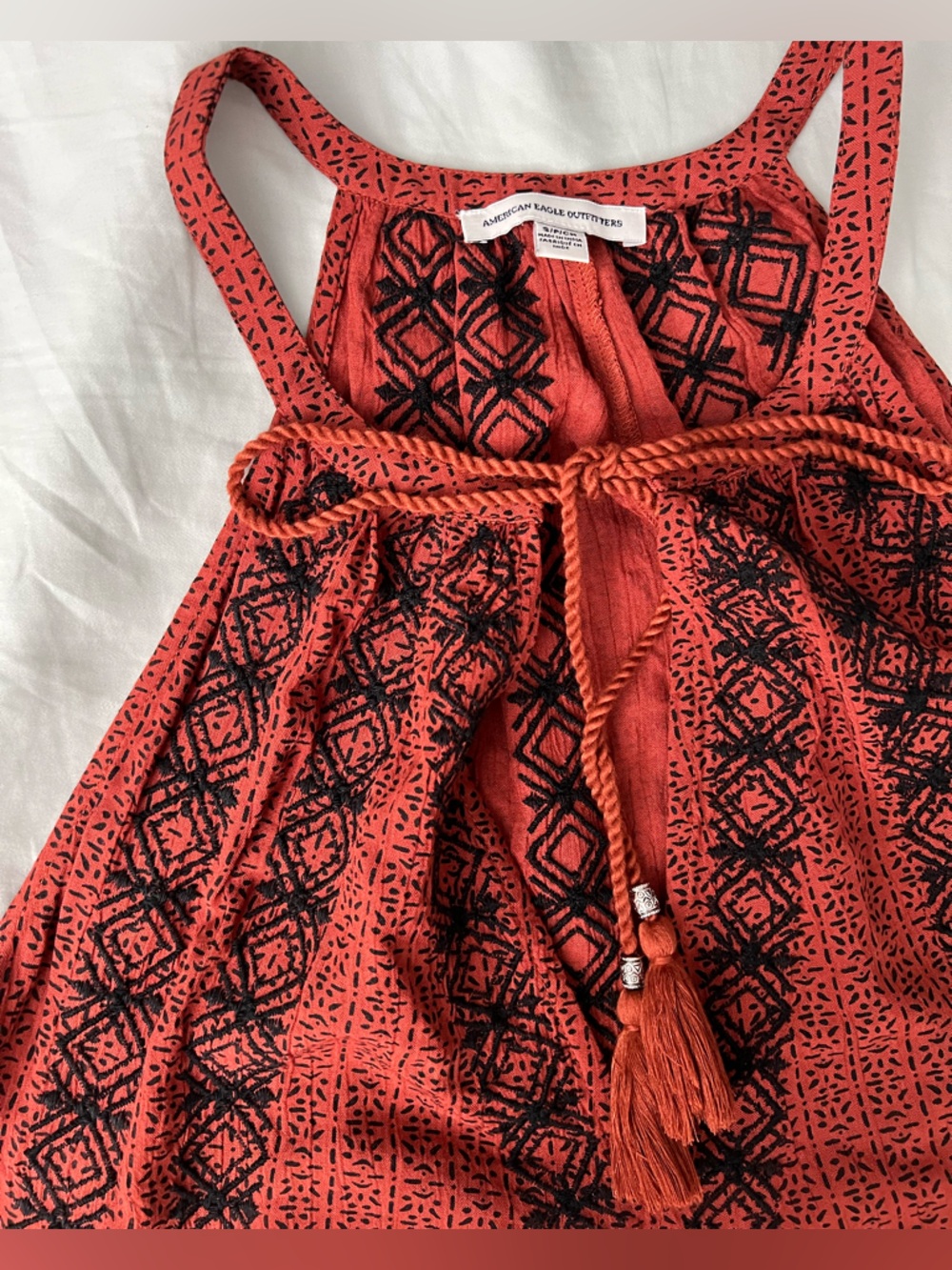 American Eagle Outfitters Rust Red Dress with Black Embroidery